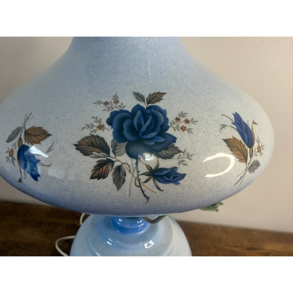 Vintage Blue Milk Glass Table Lamp Hand Painted Floral Hurricane Shade 3 Way - Picture 5 of 15